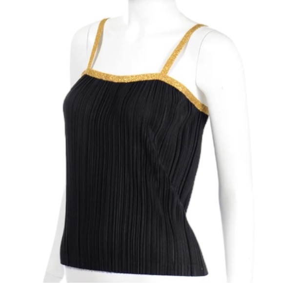 YVES SAINT LAURENT Black Ribbed Camisole Top With Gold Trim. - Picture 1 of 16